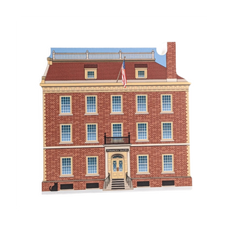 3/4" thick wooden cutout  of a brick building with a blue sky background