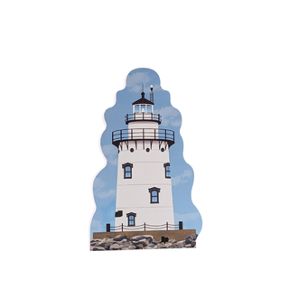 3/4" thick wooden replica with an Illustration of  Lighthouse cutout with a blue sky background