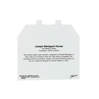 back of product  printed text reading 'Joseph Manigault House' and historical details, photographed on a plain white background. The bottom left includes 'The Cat's Meow Village' branding.