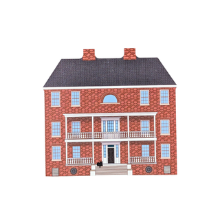 3/4" thick wooden replica with an illustration of a red brick house with a dark gray roof, white columns, and blue windows, centered on a plain white background.