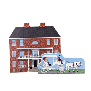 3/4" thick wooden replica with an illustration of a scene showing a red brick house with white trim and a horse-drawn carriage in front, isolated on a white background.