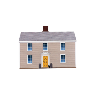 3/4" wooden replica with an illustration of a two-story house with a yellow door on a white background