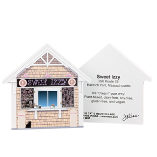 wooden replica with an Illustration of a small store named 'Sweet Izzy' with text about ice cream flavors 