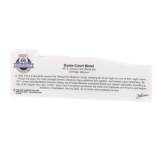3/4" thick wood model with information about Boots Court Motel with text and logo on a white background