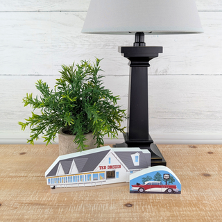 Black lamp with a plant and two small 3/4" thick wood models on a wooden surface.