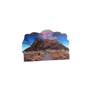 3/4" wooden replica with an illustration of of a mountain landscape with a road and starry sky on a white background