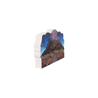 3/4" wooden replica with an illustration of of a mountain landscape with a road and starry sky on a white background
