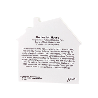 Back of a 3/4" thick wooden cutout with text about the Declaration House in Philadelphia on a white background