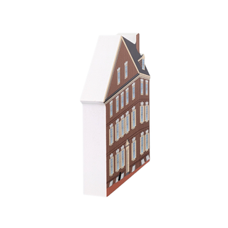 3/4" thick wooden cutout  of a tall building with a brown facade and gray roof on a white background