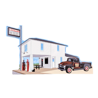 3/4" thick wooden replica with an illustration of a small white building with a sign reading 'LUCILLE'S' and a vintage brown pickup truck parked outside, shown on a plain white background.