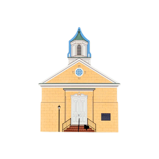 3/4" thick wooden replica with an illustration of a church building with a pale yellow facade, white double doors, a blue and green cupola, and a small black cross on the wall, centered on a light gray background.