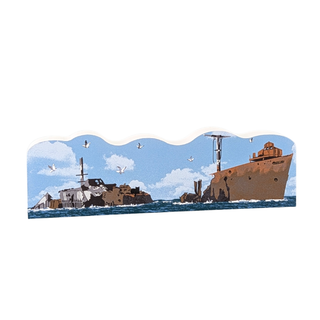 3/4" thick wooden figurine of a sunken ship in the water on white background