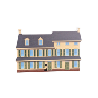 3/4" thick wooden Illustration of a two-story house with beige walls, green shutters, and a gray roof.