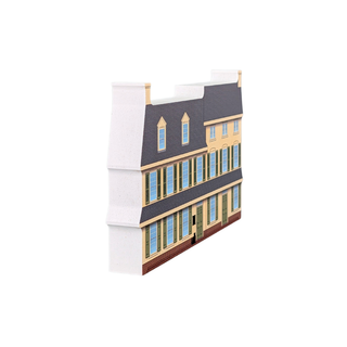 3/4" thick wooden Illustration of a two-story house with beige walls, green shutters, and a gray roof.
