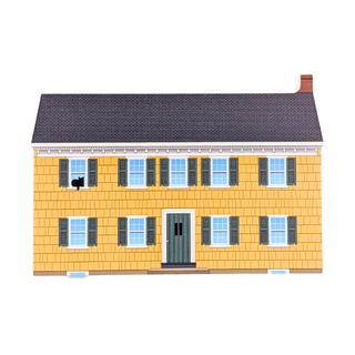 3/4" thick wooden replica with an illustration of a two-story house with yellow siding, a dark gray roof, white trim, blue windows, and dark shutters, shown on a plain white background.