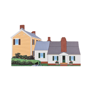 3/4" thick wooden replica with an illustration of a house with two attached sections, shown on a plain white background. The left section is yellow with a gray roof and red-brown chimneys; the right section is white with a gray roof, green shutters, a green front door, and small red-brown chimneys.