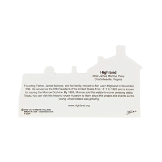 back of product with black text about Highland mountain, featuring printed text about the historic James Monroe Pkwy site in Charlottesville, Virginia, on a plain white background.