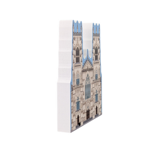 3/4" thick wooden cutout with architectural design of a cathedral on a white background