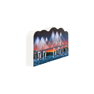 3/4" thick wooden replica with an illustration of a printed scenic image of a cable-stayed bridge over water at night, shown on a plain white background.