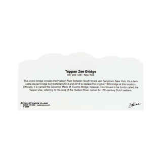 back of product with information about Tappan Zee Bridge in New York, including a short description, location details, and a small signature.