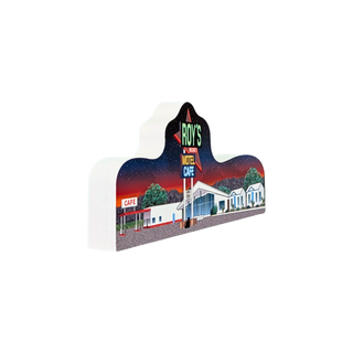 3/4" thick wooden replica with an illustration of a retro motel scene, with the sign reading 'ROY'S MOTEL CAFE,' shown on a plain white background.