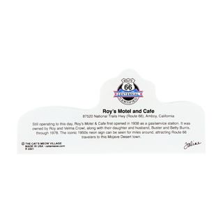 back of product with black text on a white background about Roys motel and cafe