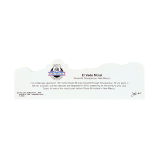 back of product featuring a Route 66 Historic Marker design and text about El Vado Motel in Albuquerque, New Mexico, on a plain white background.