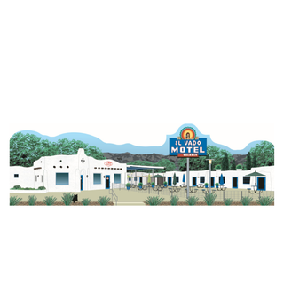 3/4" thick wooden replica with an illustration of a  motel named 'El Vado Motel' with a scenic background.