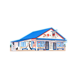 3/4" thick wooden replica with an illustration of a retro-style roadside diner with a bright blue roof, cream walls, red trim, and various vintage signage details, shown on a plain white background.