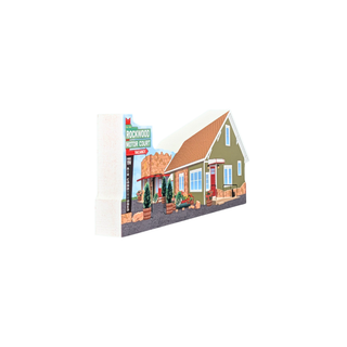 3/4" thick wooden replica with an illustration of a showing a house with an orange-brown roof, green walls, a porch, and a sign reading Rockwood Water Court.