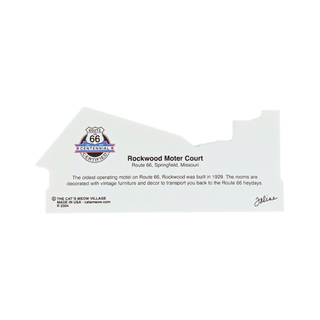 back of product with text about  Rockwood Motor Court from Route 66 in Springfield, Missouri. The card includes a vintage-style 'Route 66 American Heritage' logo, descriptive text about the historic motel, and a signature.