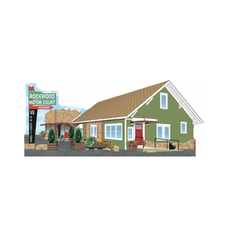 3/4" thick wooden replica with an illustration of a green house with a sign for Rockwood Motor Court on a white background