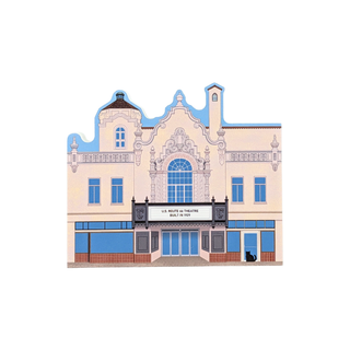 3/4" thick wooden replica with an illustration of an old route 66 theatre 