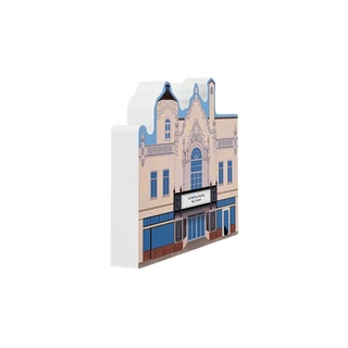 3/4" thick wooden replica with an illustration of a building with a printed facade design, shown on a plain white background. The design resembles a theater or historic building with blue trim, cream walls, windows, and a marquee.
