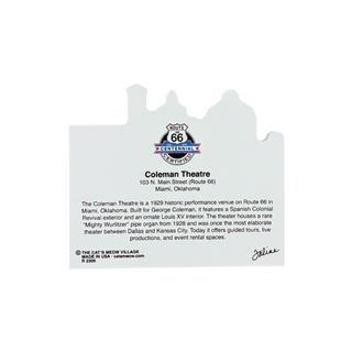 back of product for skyline of Miami, featuring a Route 66 travel poster design and text identifying the Coleman Theatre.