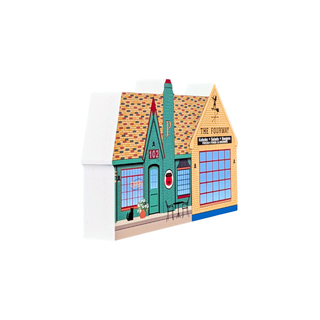 3/4" thick wooden replica with an illustration of a storefront scene featuring a teal door, orange roof tiles, blue windows, and a sign reading 'The Four Way'.