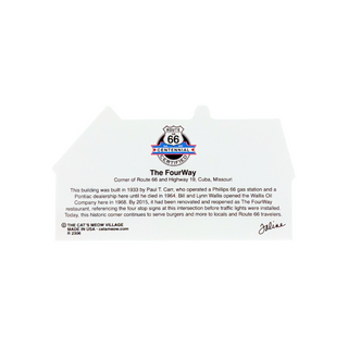 back of product of  The Four Way building in Missouri, featuring printed historical text and a circular 'Route 66 Historic American Building' emblem. The sticker is shown on a plain white background.