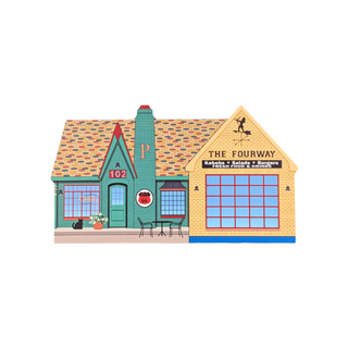 3/4" thick wooden replica with an illustration of  a teal and brick restaurant on the left labeled '102' with a Route 66 shield, and a yellow 'THE FOURWAY' restaurant on the right with a large blue-tinted window grid.