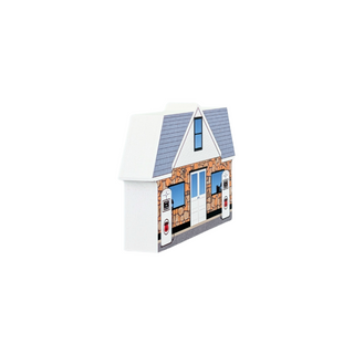 3/4" thick wooden replica with an illustration of a white body, gray shingled roof, and detailed facade featuring windows, doors, and brick-pattern panels, isolated on a white background.