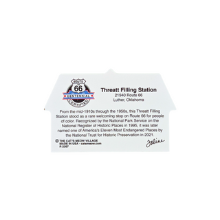 back of product featuring text about the Threath Filling Station in Luther, Oklahoma, with a circular 66th Anniversary emblem and a signature at the bottom, shown on a plain white background.