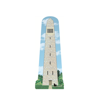 3/4" thick wooden replica with an illustration of a Stone tower with a blue sky and greenery background