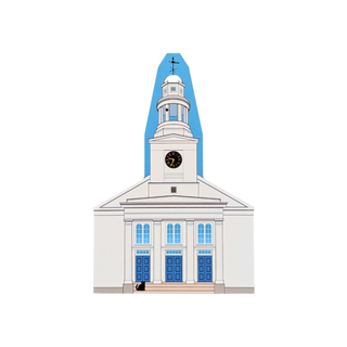 3/4" thick wooden replica with an illustration of a white church building with a blue spire and blue doors, centered on a plain white background.