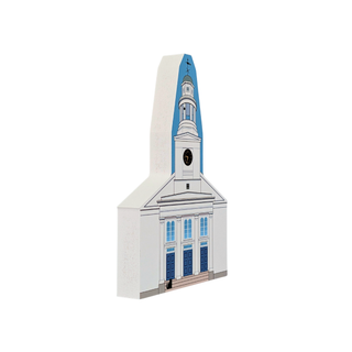 3/4" thick wooden replica with an illustration of a white church with a blue sky background and blue doors, shown on a plain white studio background.