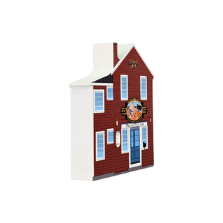 3/4" thick wooden replica with an illustration of a red brick pub building with white trim, blue door, and a circular front sign reading 'The Iron Horse'.