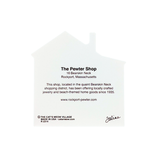 back of product with black text reading 'The Pewter Shop' and address details for Rockport, Massachusetts, on a plain white background.