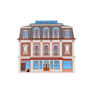 3/4" thick wooden replica with an illustration of a multi-story building facade with pink and brown brickwork, gray roof tiles, blue window panes, and a small black cat standing near the ground-floor window.