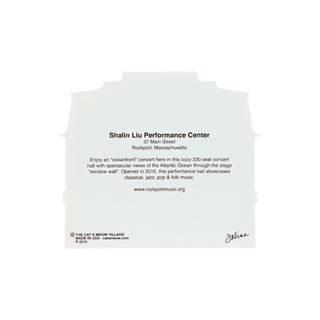 back of product with black text reading 'Shalin Liu Performance Center' and venue details, centered on a light gray background.