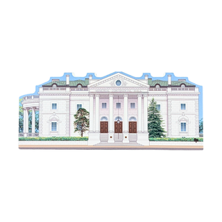 3/4" thick wooden replica with an illustration of a white neoclassical building with columns, green roofs, trees, and a light blue sky background, shown on a plain white backdrop.
