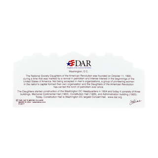 back of product with printed text about the DAR (Daughters of the American Revolution) and a logo at the top, photographed against a white background.