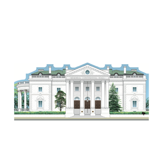 3/4" thick wooden replica with an illustration of a  large white building with columns and a blue sky background